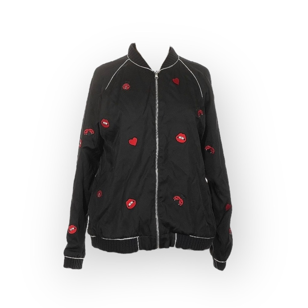 new Lauren Moshi 𖠌 Paris Ladybug Love Kiss Patch Bomber Jacket 𖠌 Black 𖠌 Medium - Picture 7 of 16